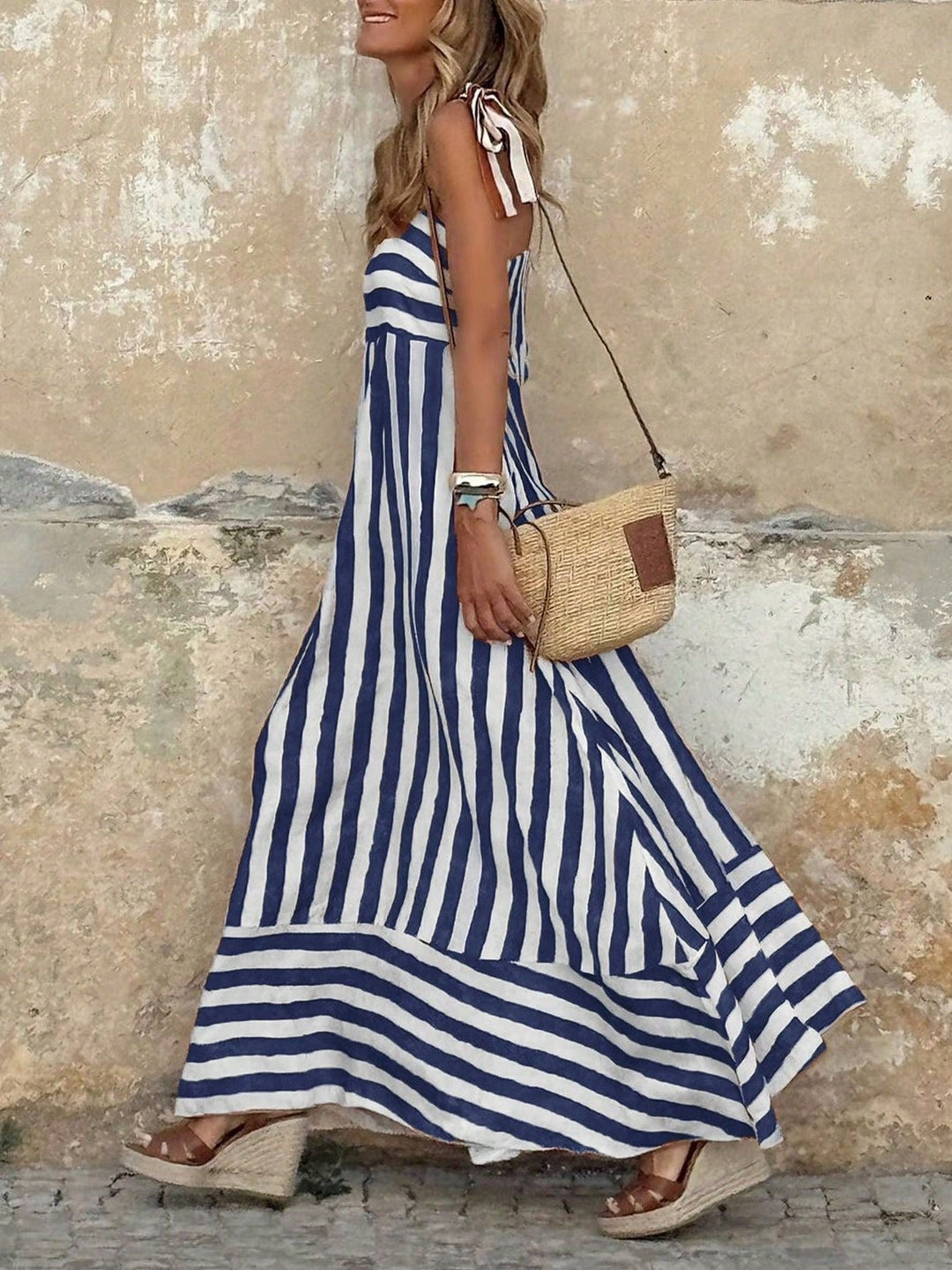 Olivia | Women's Striped Tie-Strap Flared Maxi Dress