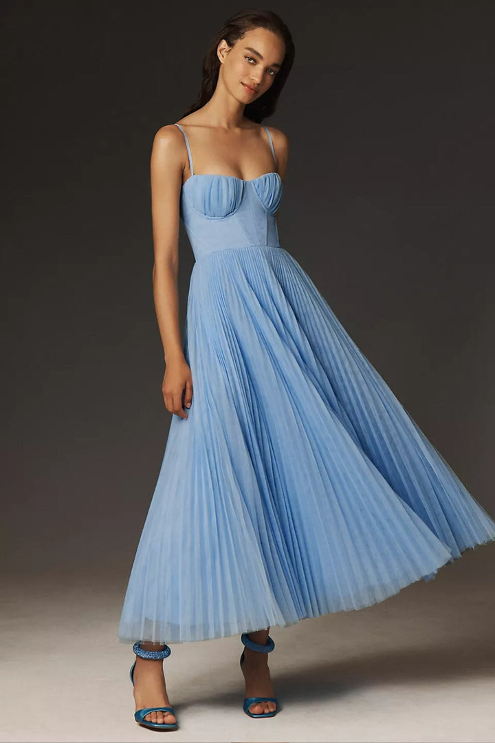 Olivia | Women's Sweetheart Corset Pleated Tulle Midi Dress