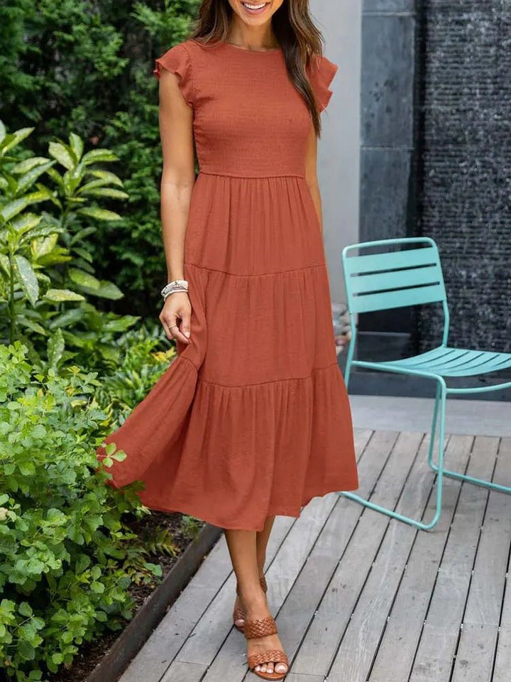 Ella | Women's Tummy Control Tiered Ruffle Sleeve Midi Dress