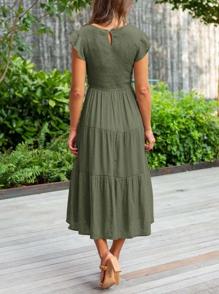 Ella | Women's Tummy Control Tiered Ruffle Sleeve Midi Dress
