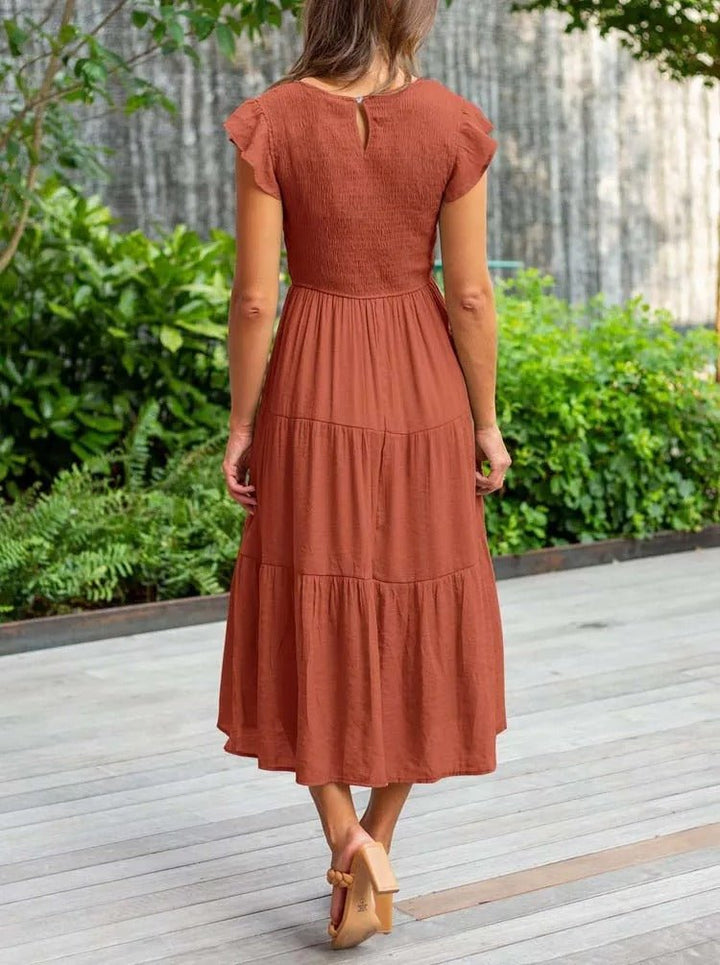 Ella | Women's Tummy Control Tiered Ruffle Sleeve Midi Dress