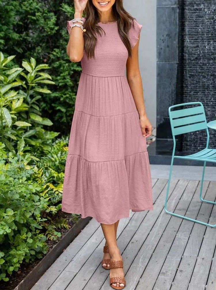 Ella | Women's Tummy Control Tiered Ruffle Sleeve Midi Dress