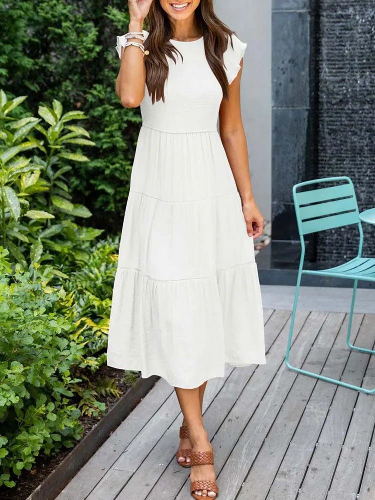 Ella | Women's Tummy Control Tiered Ruffle Sleeve Midi Dress