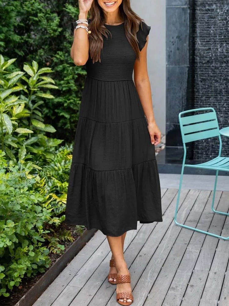 Ella | Women's Tummy Control Tiered Ruffle Sleeve Midi Dress