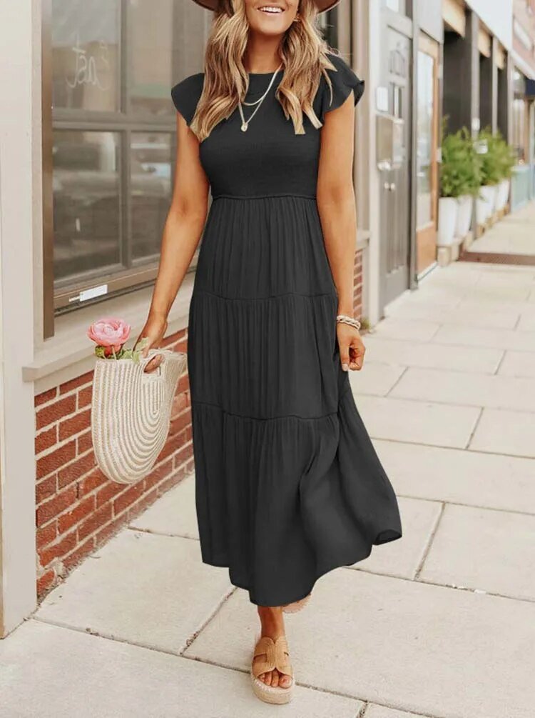 Ella | Women's Tummy Control Tiered Ruffle Sleeve Midi Dress