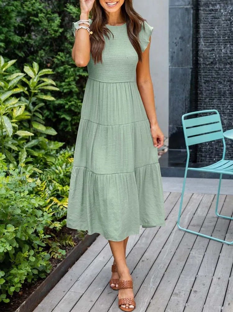 Ella | Women's Tummy Control Tiered Ruffle Sleeve Midi Dress
