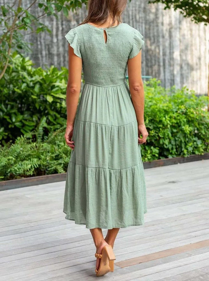 Ella | Women's Tummy Control Tiered Ruffle Sleeve Midi Dress
