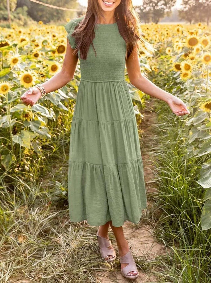 Ella | Women's Tummy Control Tiered Ruffle Sleeve Midi Dress