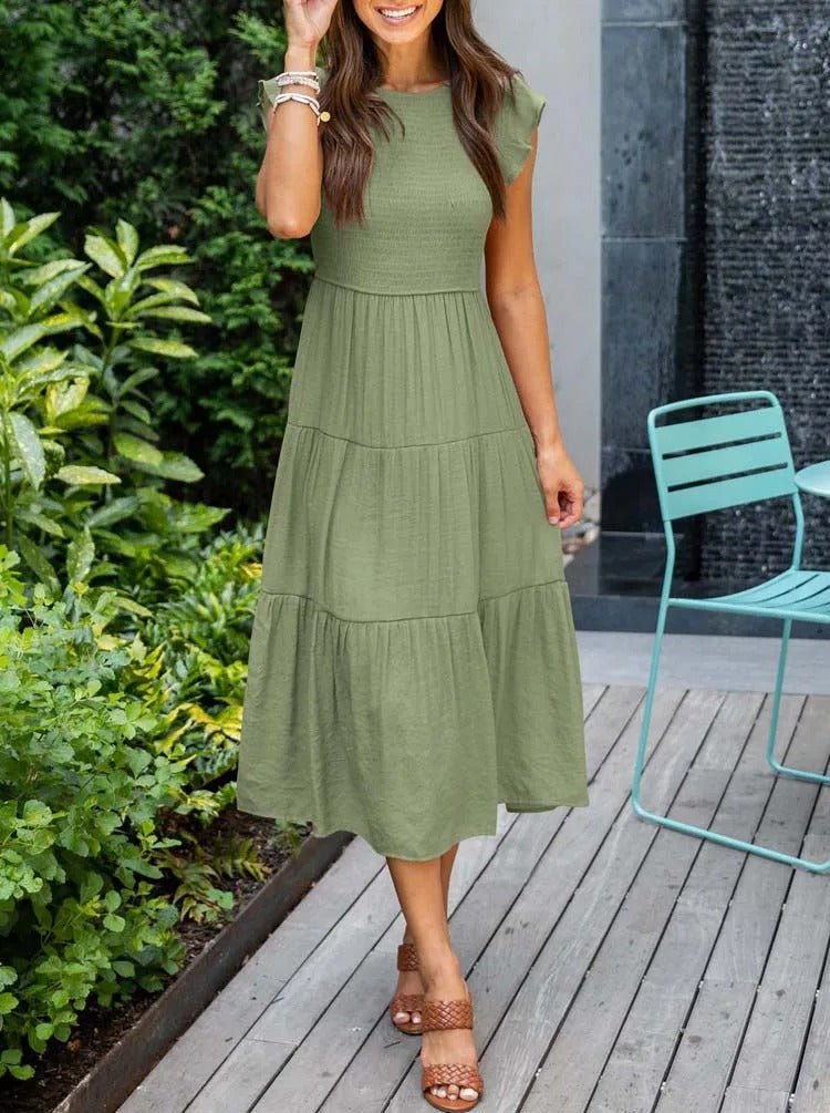 Ella | Women's Tummy Control Tiered Ruffle Sleeve Midi Dress