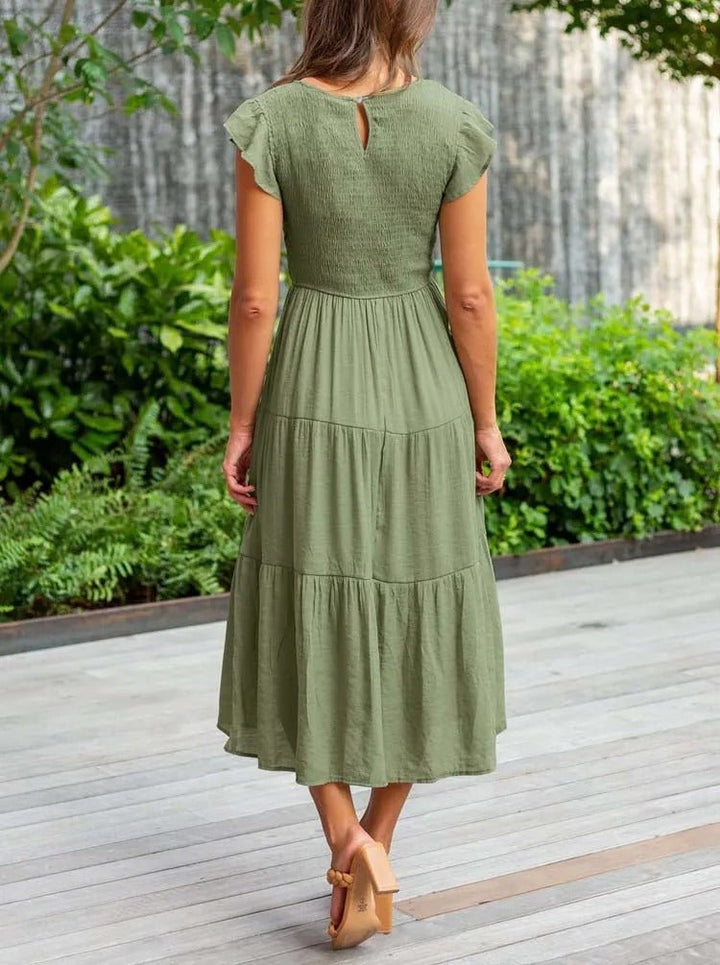 Ella | Women's Tummy Control Tiered Ruffle Sleeve Midi Dress