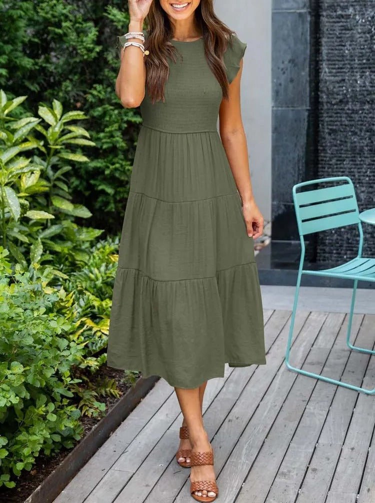 Ella | Women's Tummy Control Tiered Ruffle Sleeve Midi Dress