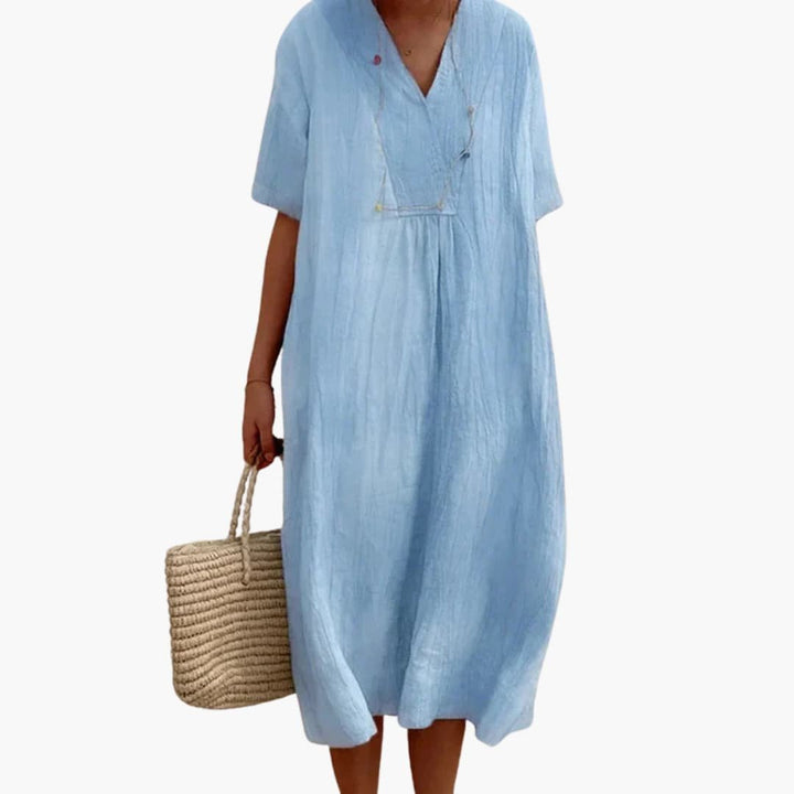 Lily | Women's V-Neck Button Placket Relaxed Linen Midi Dress