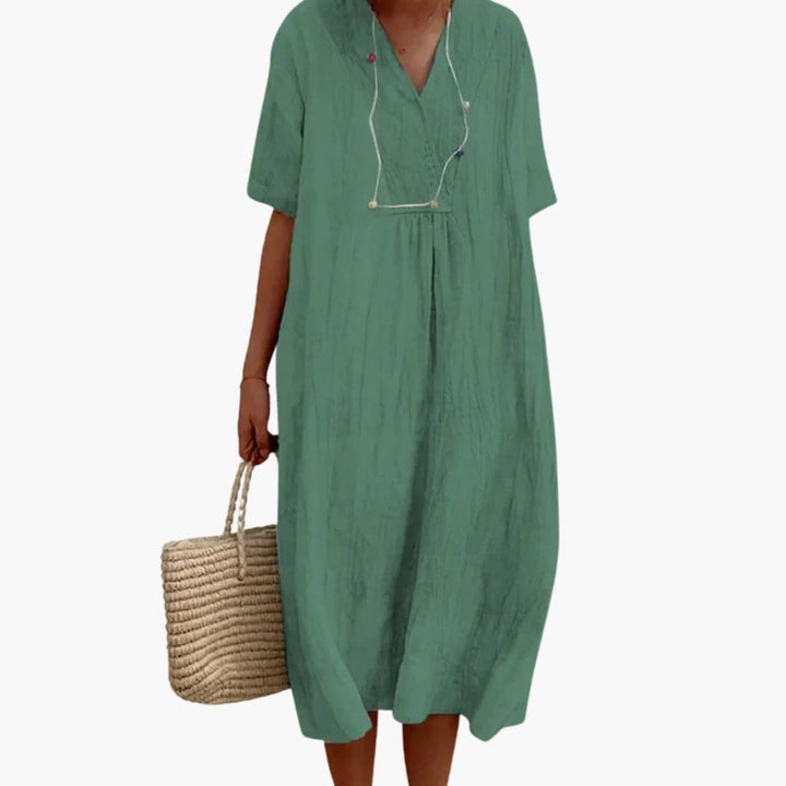 Lily | Women's V-Neck Button Placket Relaxed Linen Midi Dress