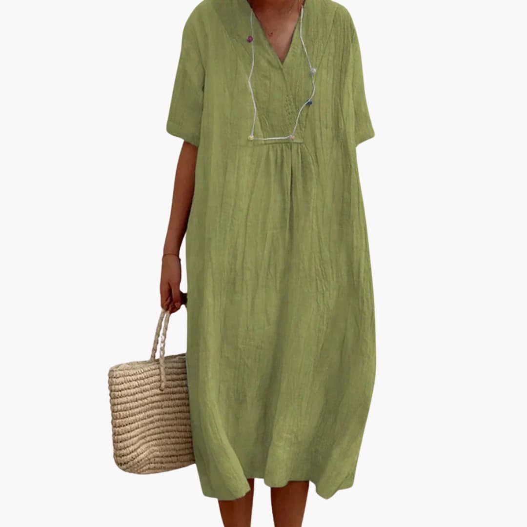 Lily | Women's V-Neck Button Placket Relaxed Linen Midi Dress