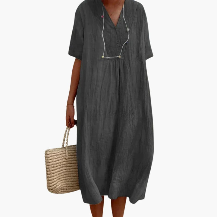 Lily | Women's V-Neck Button Placket Relaxed Linen Midi Dress