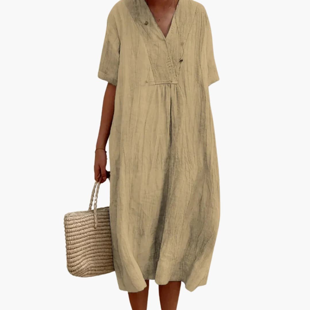 Lily | Women's V-Neck Button Placket Relaxed Linen Midi Dress
