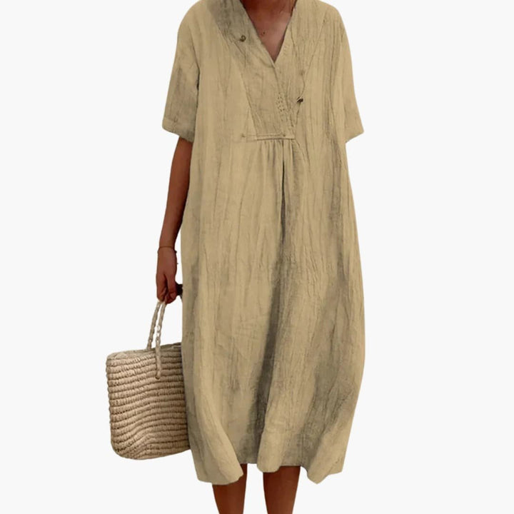 Lily | Women's V-Neck Button Placket Relaxed Linen Midi Dress