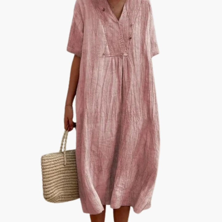 Lily | Women's V-Neck Button Placket Relaxed Linen Midi Dress