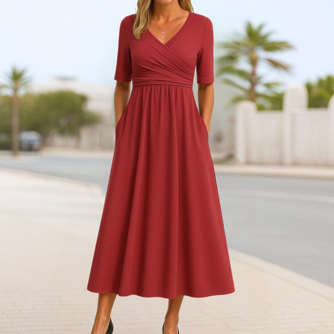 Scarlett | Women's V-Neck Cross-Front Short-Sleeve Midi Dress