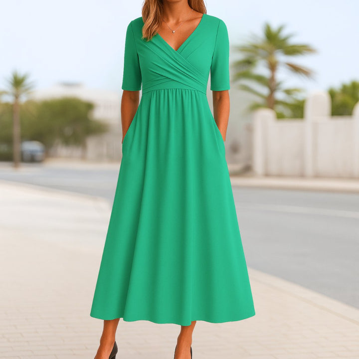 Scarlett | Women's V-Neck Cross-Front Short-Sleeve Midi Dress
