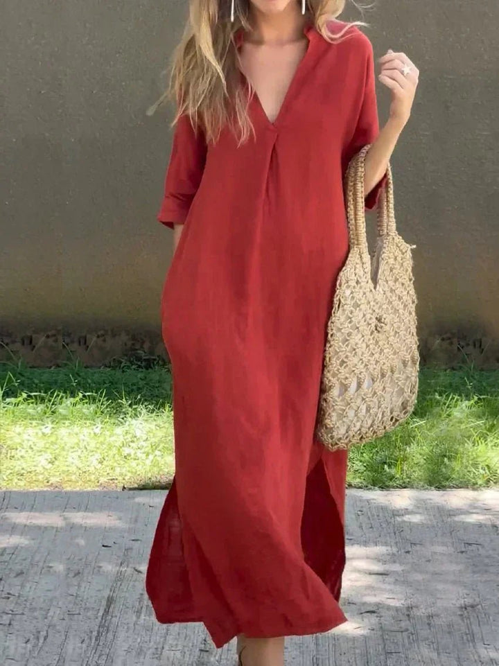 Sienna | Women's V-Neck Relaxed-Fit Cotton Linen Maxi Dress