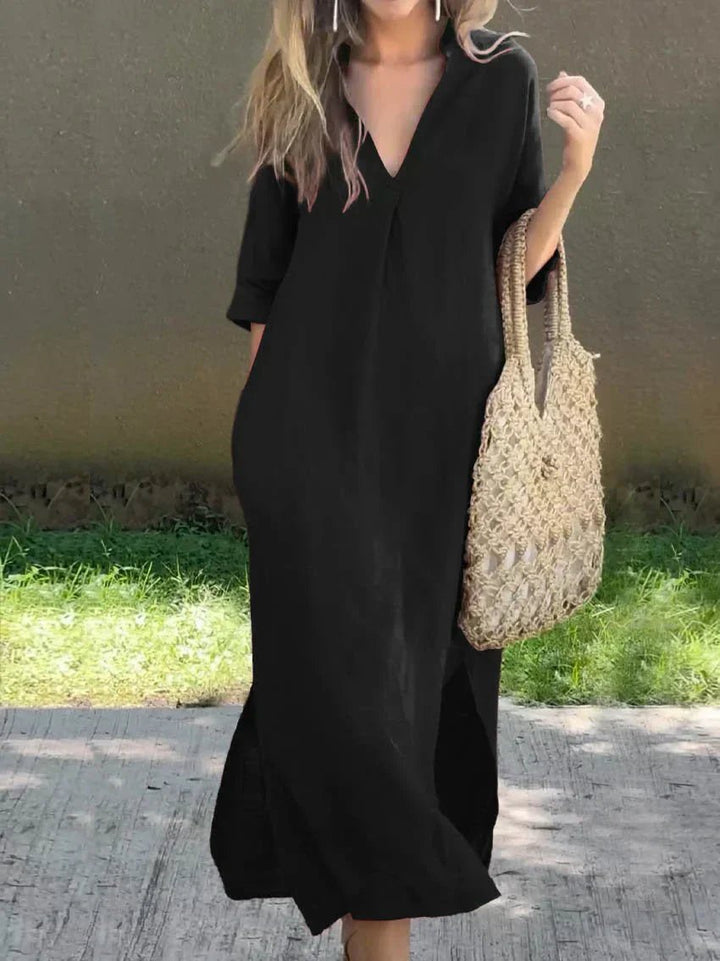 Sienna | Women's V-Neck Relaxed-Fit Cotton Linen Maxi Dress