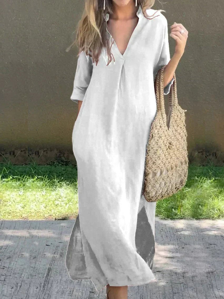 Sienna | Women's V-Neck Relaxed-Fit Cotton Linen Maxi Dress