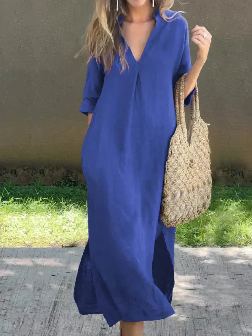 Sienna | Women's V-Neck Relaxed-Fit Cotton Linen Maxi Dress