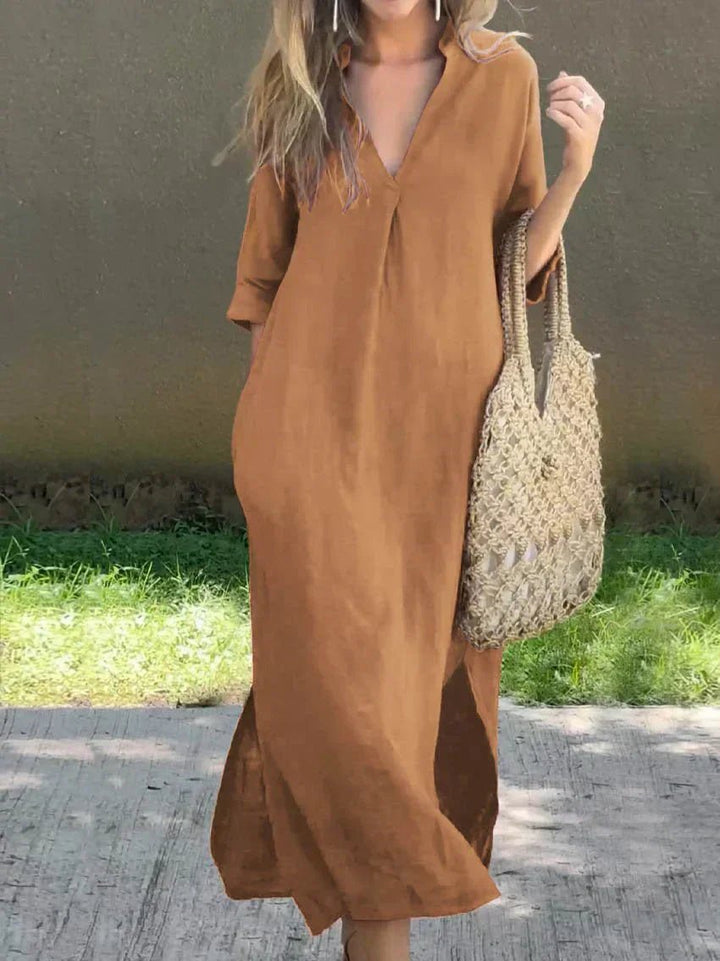 Sienna | Women's V-Neck Relaxed-Fit Cotton Linen Maxi Dress