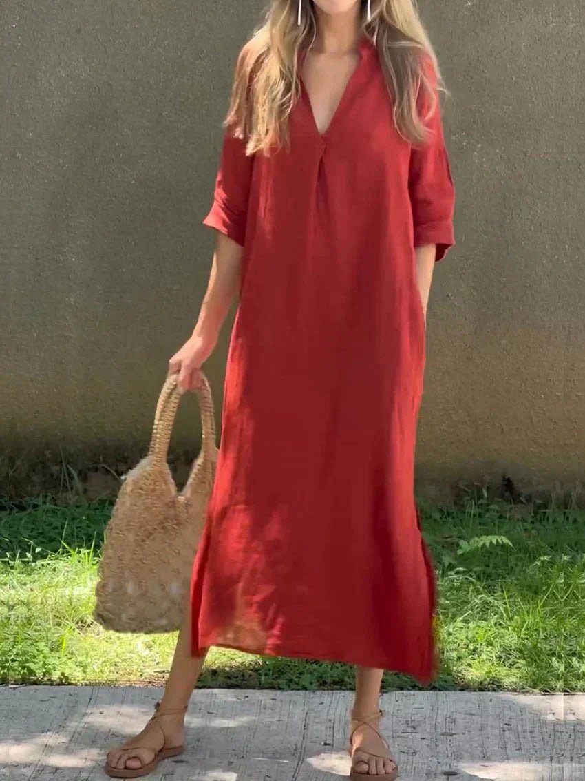 Sienna | Women's V-Neck Relaxed-Fit Cotton Linen Maxi Dress