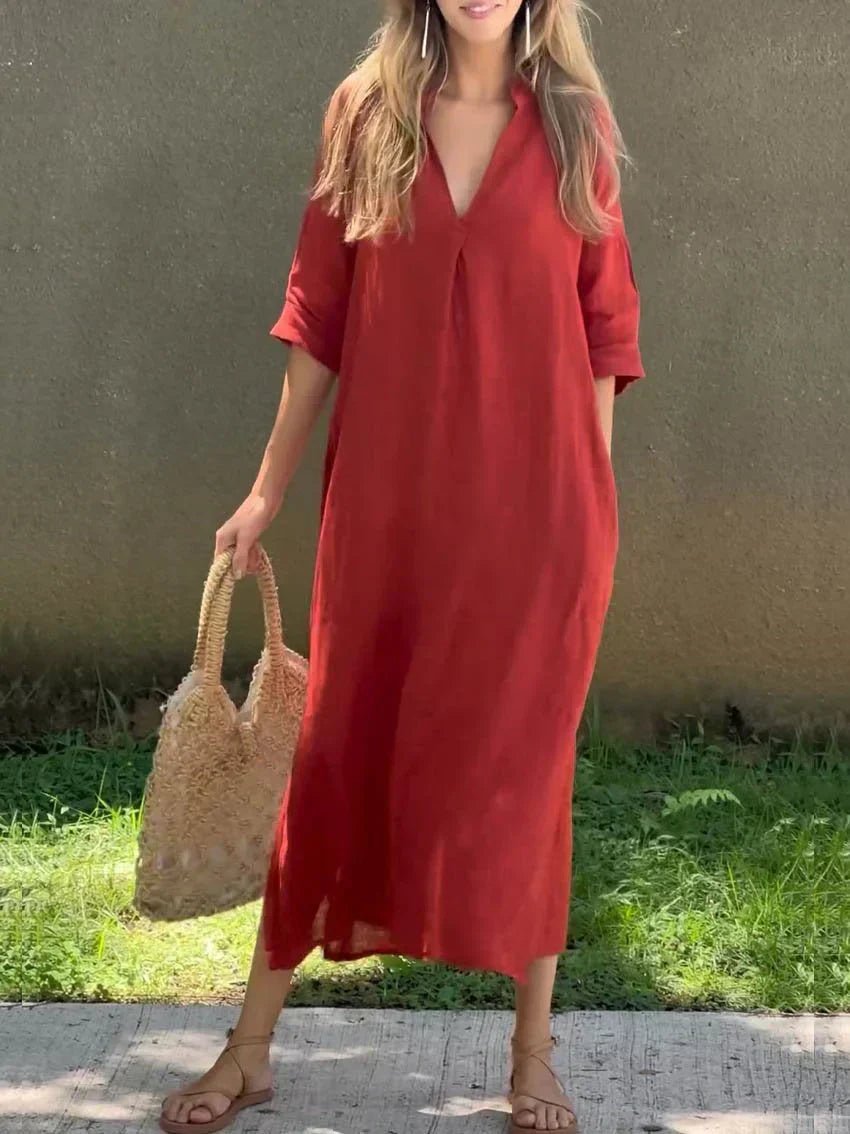 Sienna | Women's V-Neck Relaxed-Fit Cotton Linen Maxi Dress