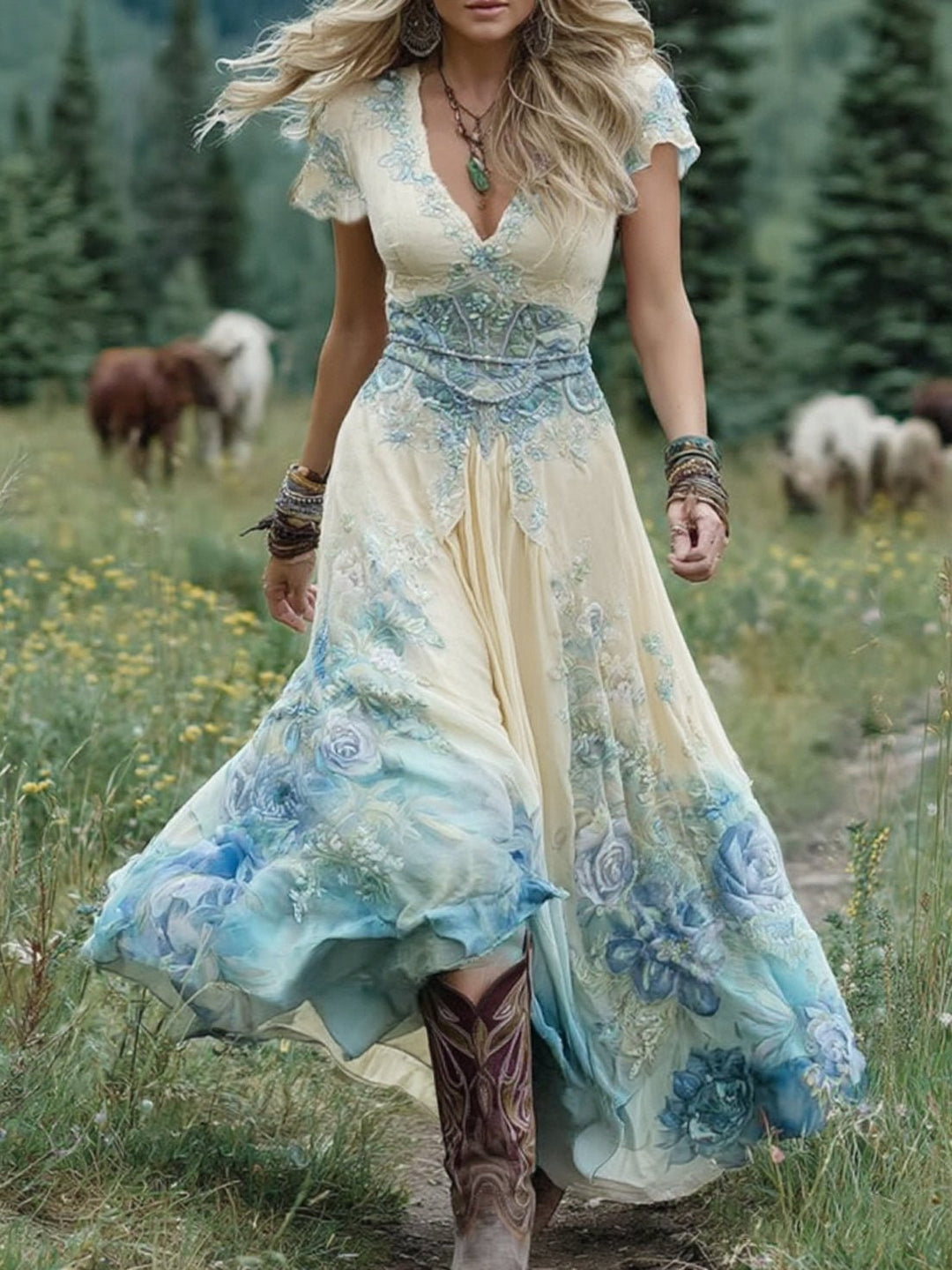 Rosie | Women's V-Neck Short-Sleeve Floral Maxi Dress