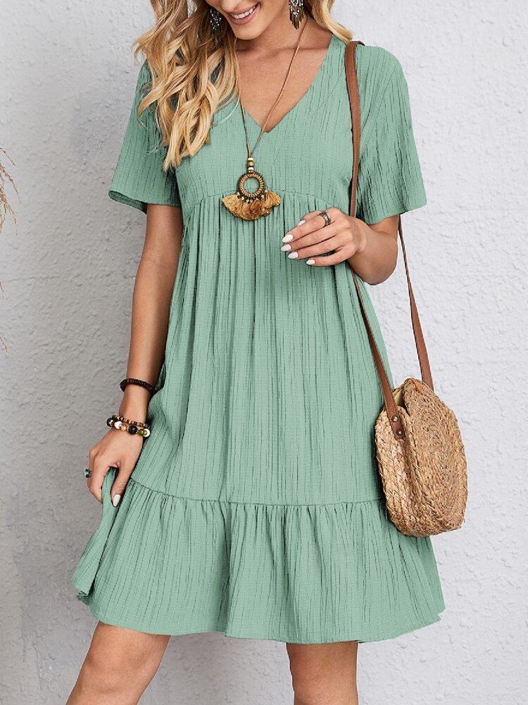 Ava | Women's V-Neck Short-Sleeve Tiered Babydoll Swing Dress