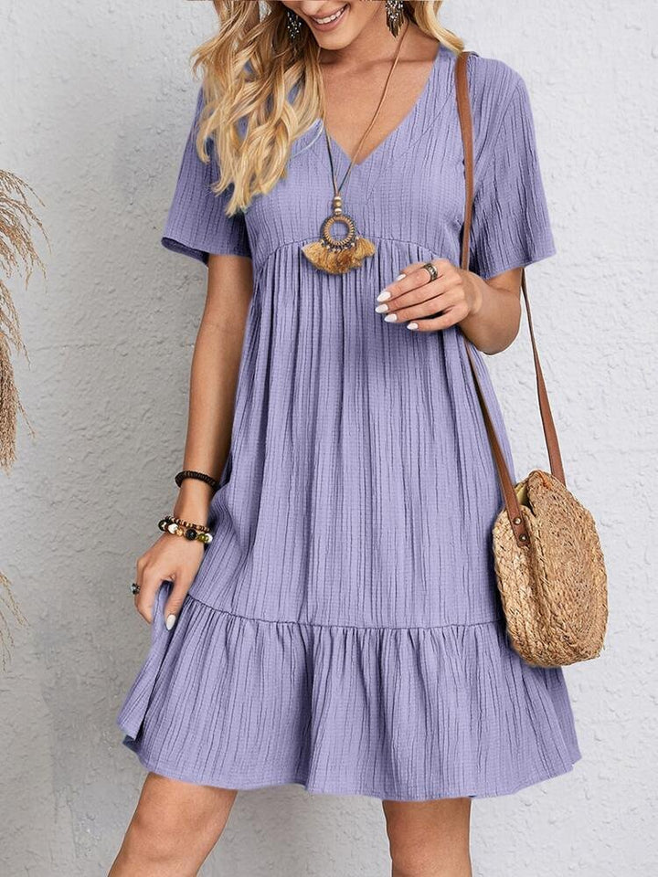 Ava | Women's V-Neck Short-Sleeve Tiered Babydoll Swing Dress