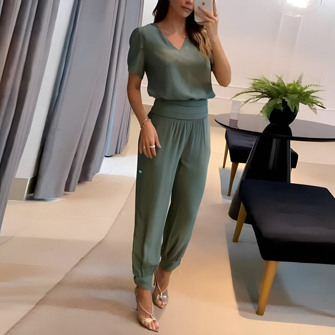 Emily | Women's V-Neck Short Sleeve Wide Leg Two-Piece Set