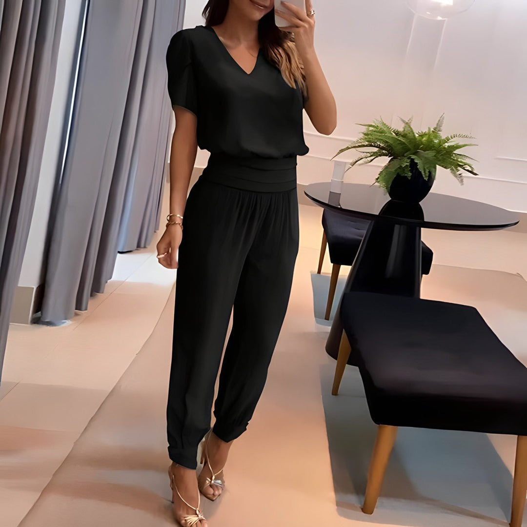 Emily | Women's V-Neck Short Sleeve Wide Leg Two-Piece Set
