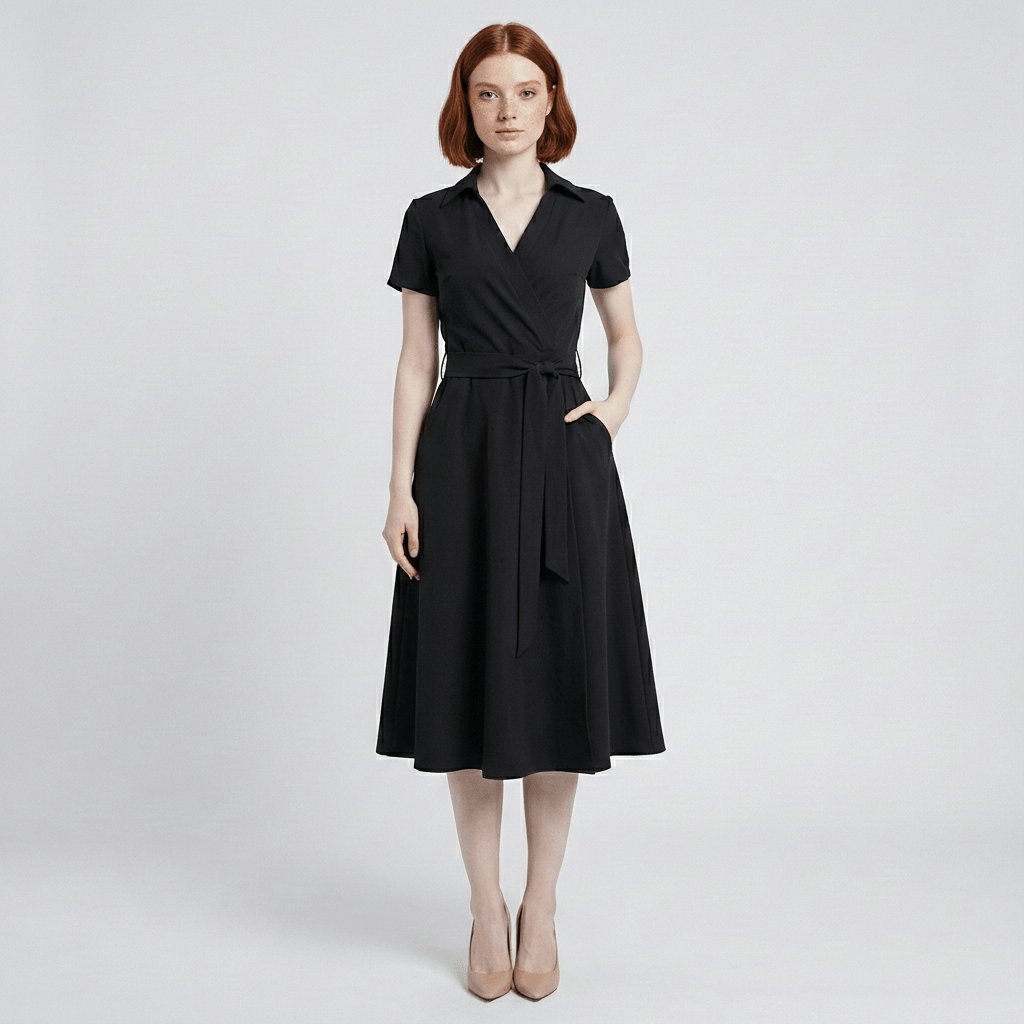 Evelyn | Women's V-Neck Wrap-Style A-Line Midi Dress Waist Tie