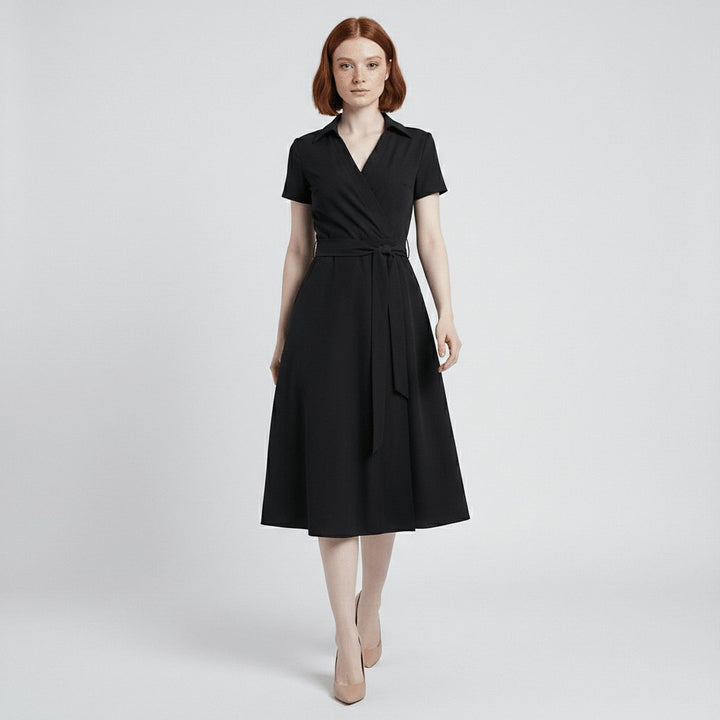 Evelyn | Women's V-Neck Wrap-Style A-Line Midi Dress Waist Tie