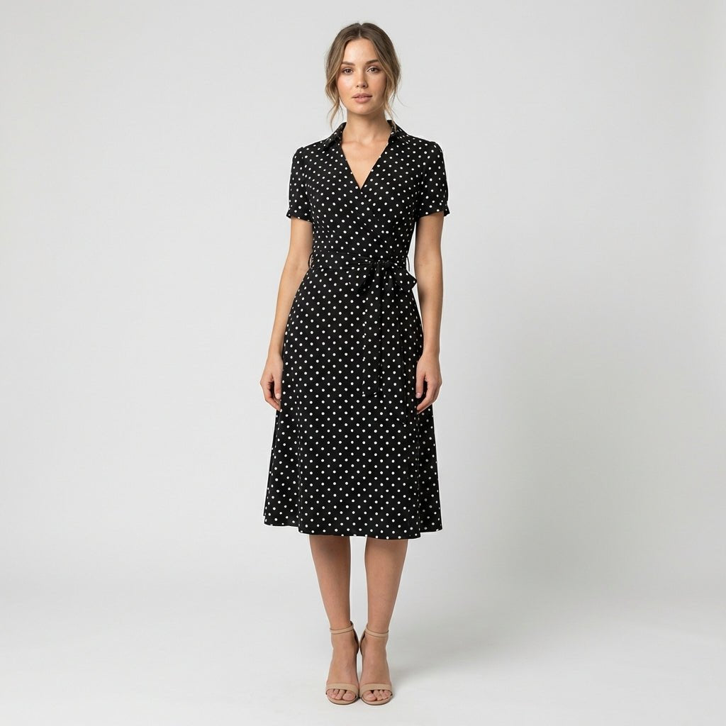 Evelyn | Women's V-Neck Wrap-Style A-Line Midi Dress Waist Tie