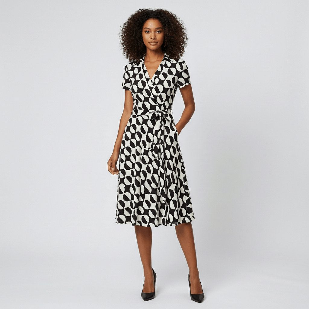 Evelyn | Women's V-Neck Wrap-Style A-Line Midi Dress Waist Tie