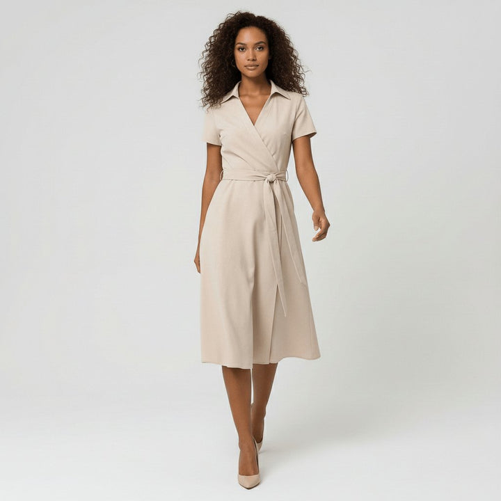 Evelyn | Women's V-Neck Wrap-Style A-Line Midi Dress Waist Tie