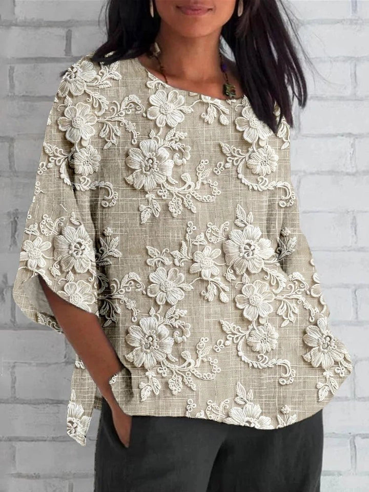 Mia | Women's Vintage Floral Embroidered Relaxed Three-Quarter Sleeve Blouse