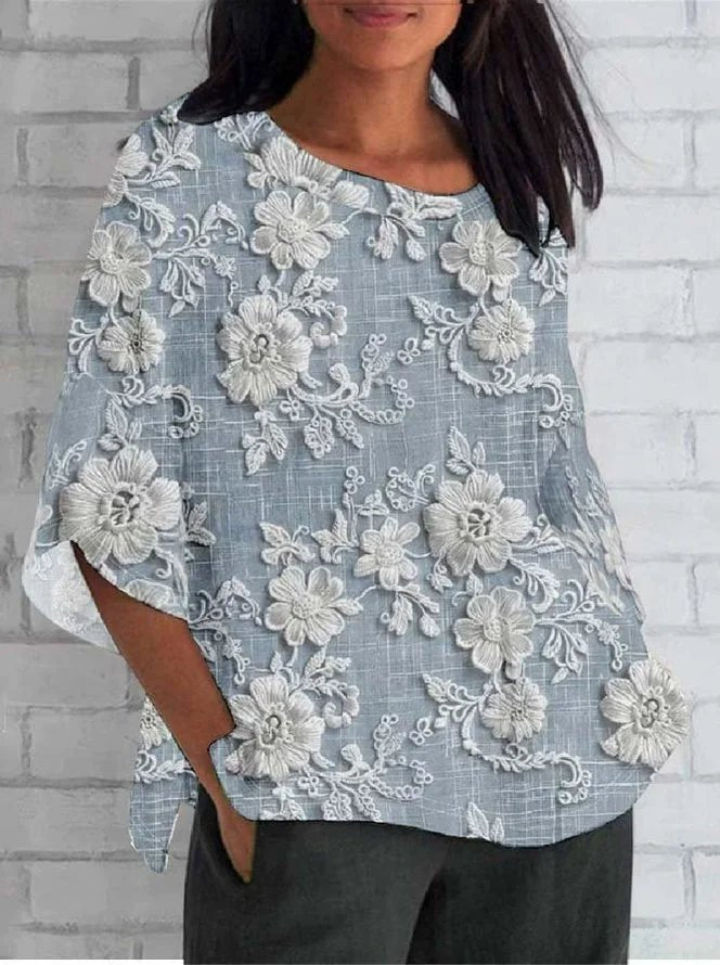 Mia | Women's Vintage Floral Embroidered Relaxed Three-Quarter Sleeve Blouse