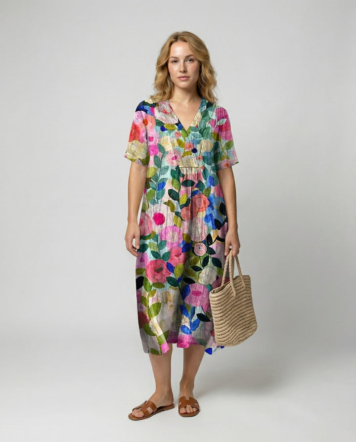 Sienna | Women's Watercolour Floral Linen V-Neck Midi Dress Short Sleeves