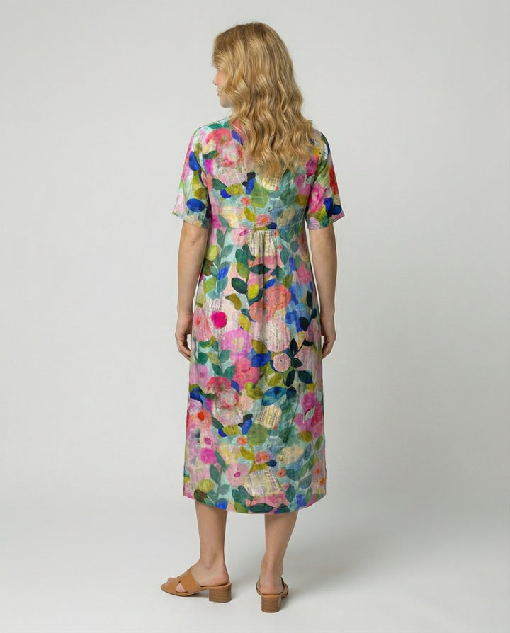 Sienna | Women's Watercolour Floral Linen V-Neck Midi Dress Short Sleeves