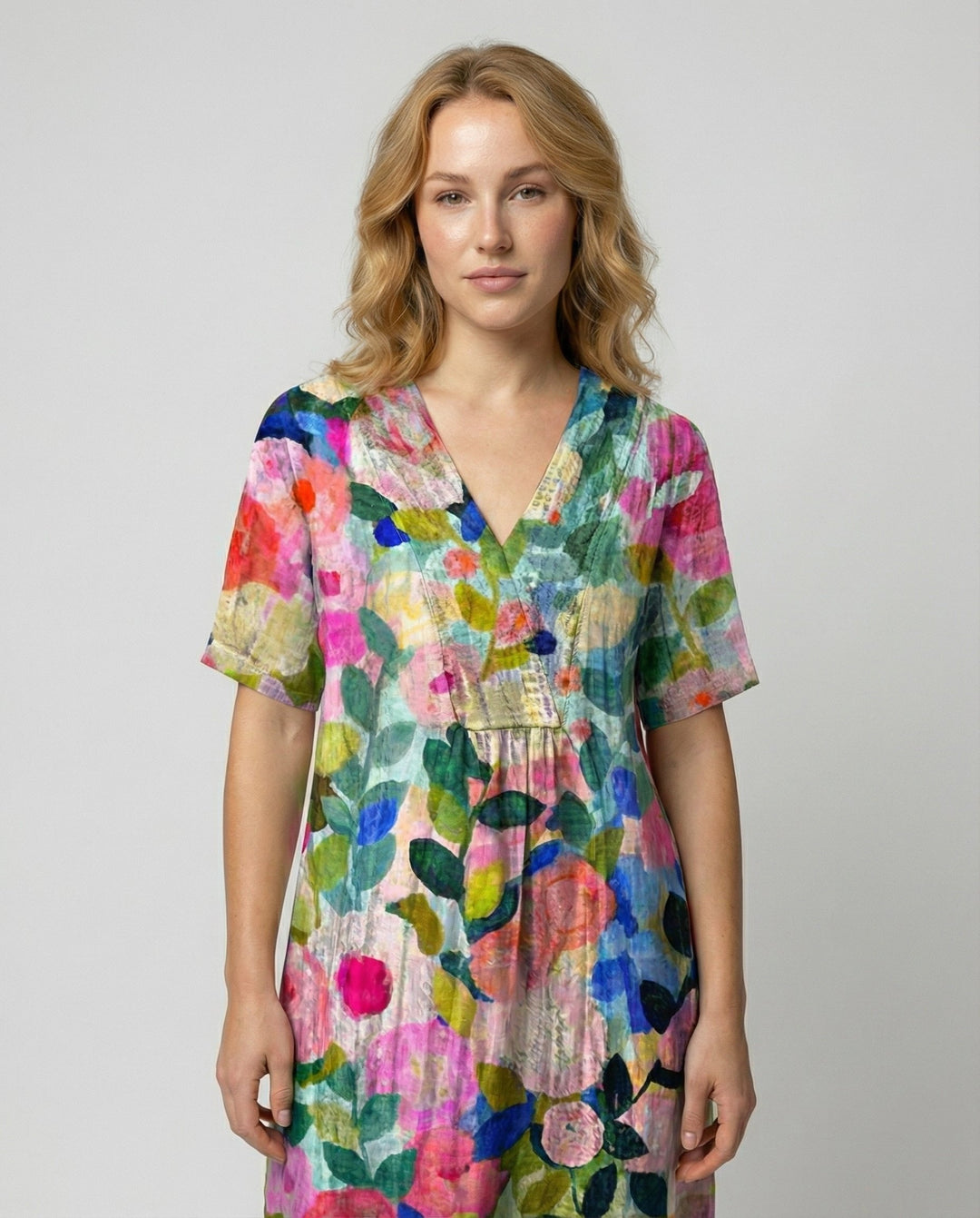 Sienna | Women's Watercolour Floral Linen V-Neck Midi Dress Short Sleeves