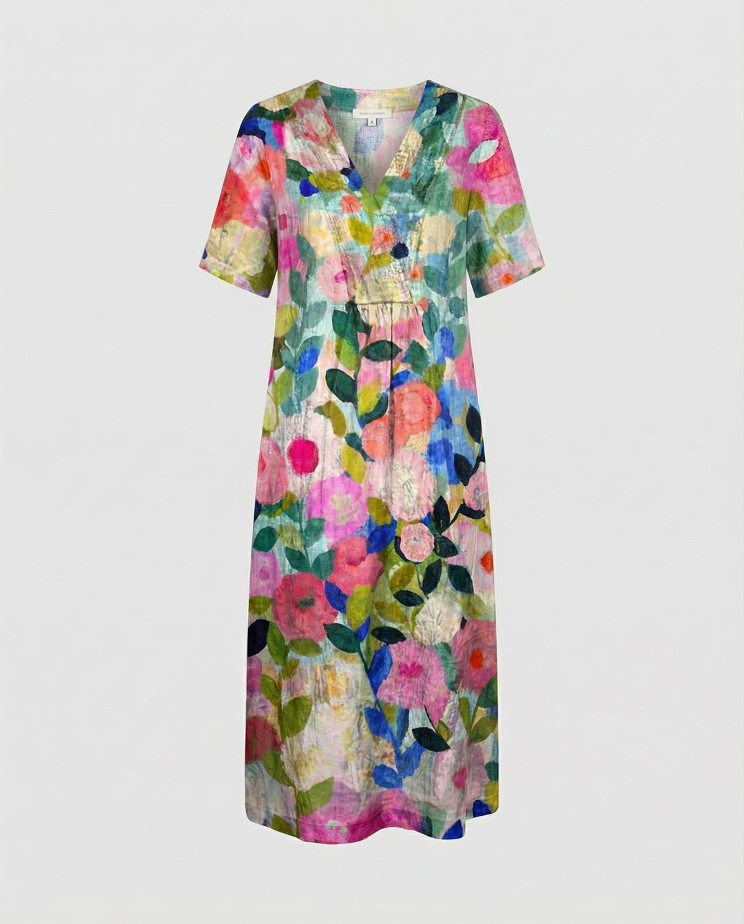 Sienna | Women's Watercolour Floral Linen V-Neck Midi Dress Short Sleeves