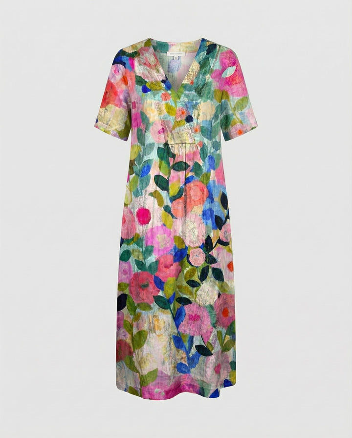 Sienna | Women's Watercolour Floral Linen V-Neck Midi Dress Short Sleeves