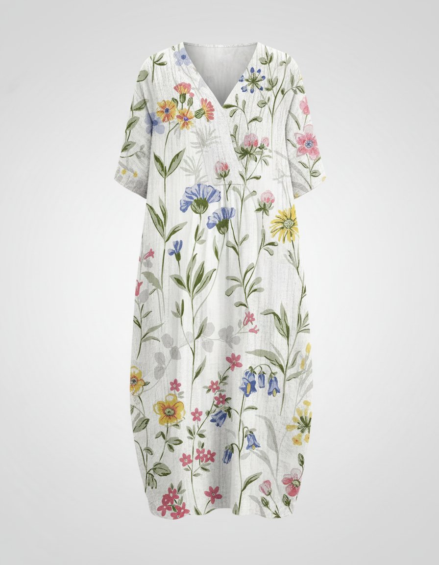 Sienna | Women's Watercolour Floral Linen V-Neck Midi Dress Short Sleeves
