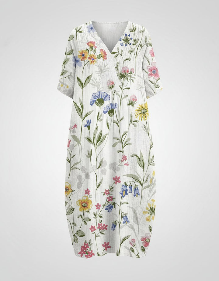 Sienna | Women's Watercolour Floral Linen V-Neck Midi Dress Short Sleeves